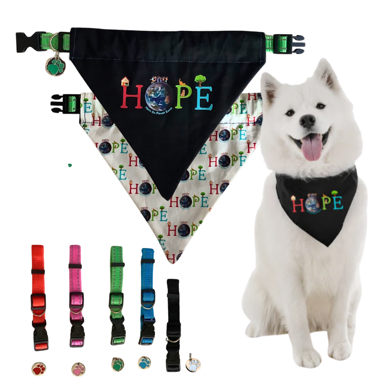 HOPE Reversible Dog Bandana with Adjustable Collar and Tag Bundle