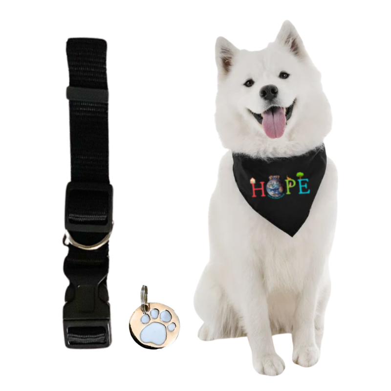 HOPE Reversible Dog Bandana with Adjustable Collar and Tag Bundle