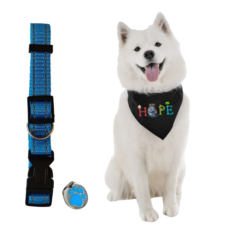 HOPE Reversible Dog Bandana with Adjustable Collar and Tag Bundle